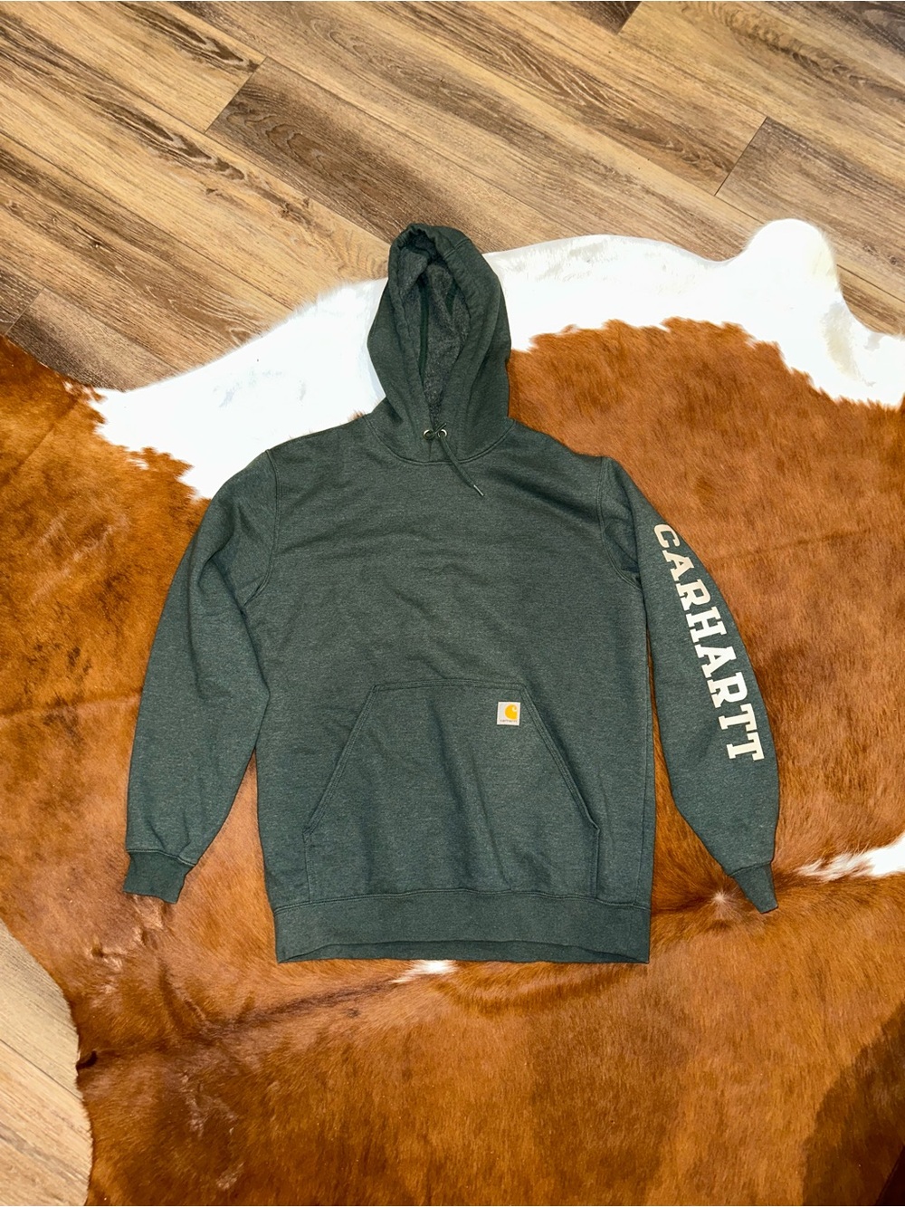 Carhartt Dark Green Pullover Hoodie with Sleeve Logo Size Large
